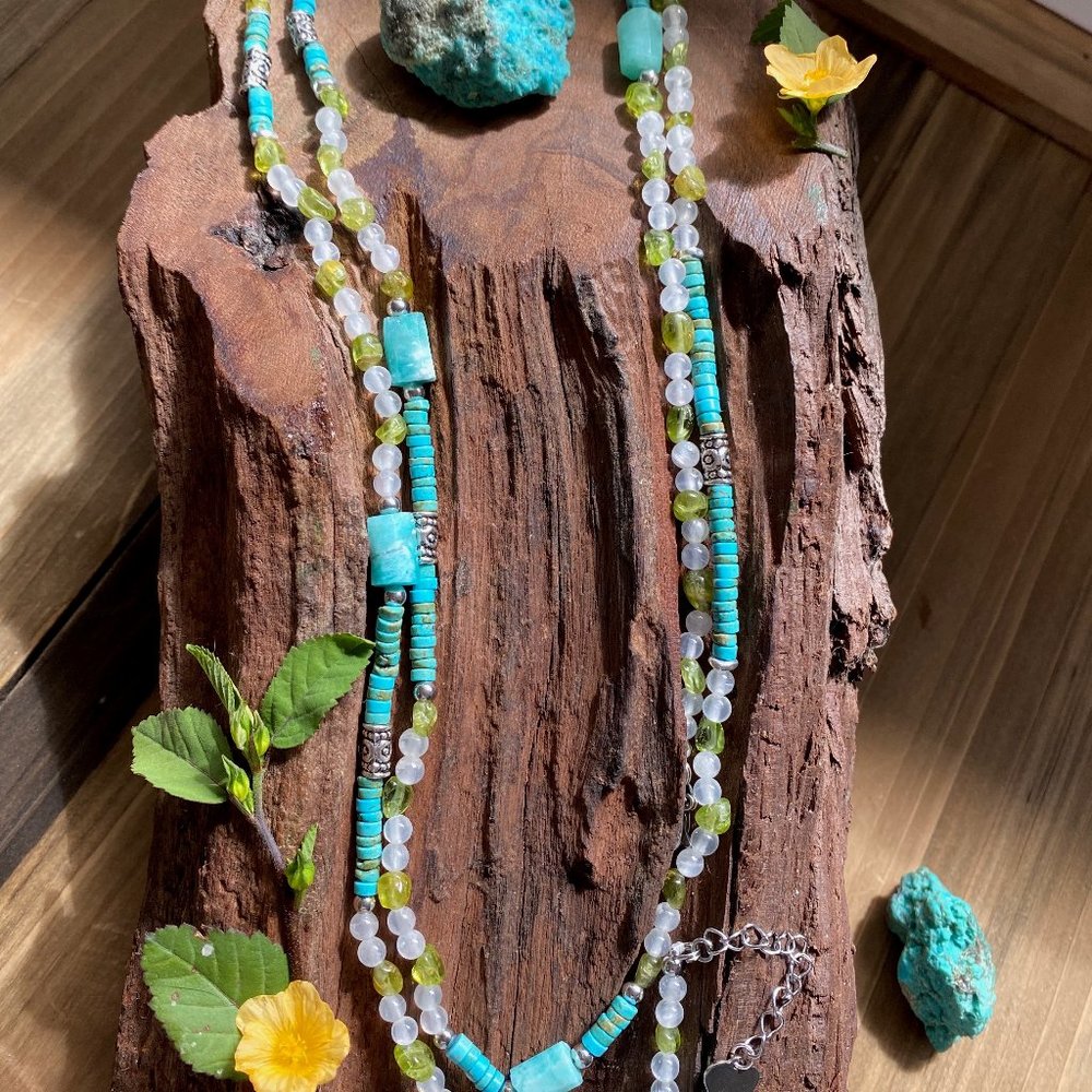 44" Long Selenite Peridot Turquoise Amazonite Necklace 925 Sterling Silver